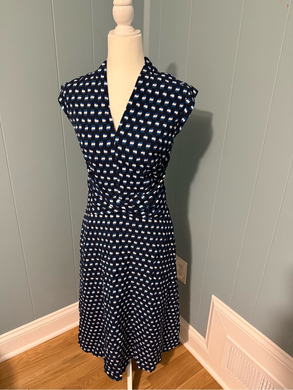 The Fold London Navy Patterned V-Neck Midi Dress